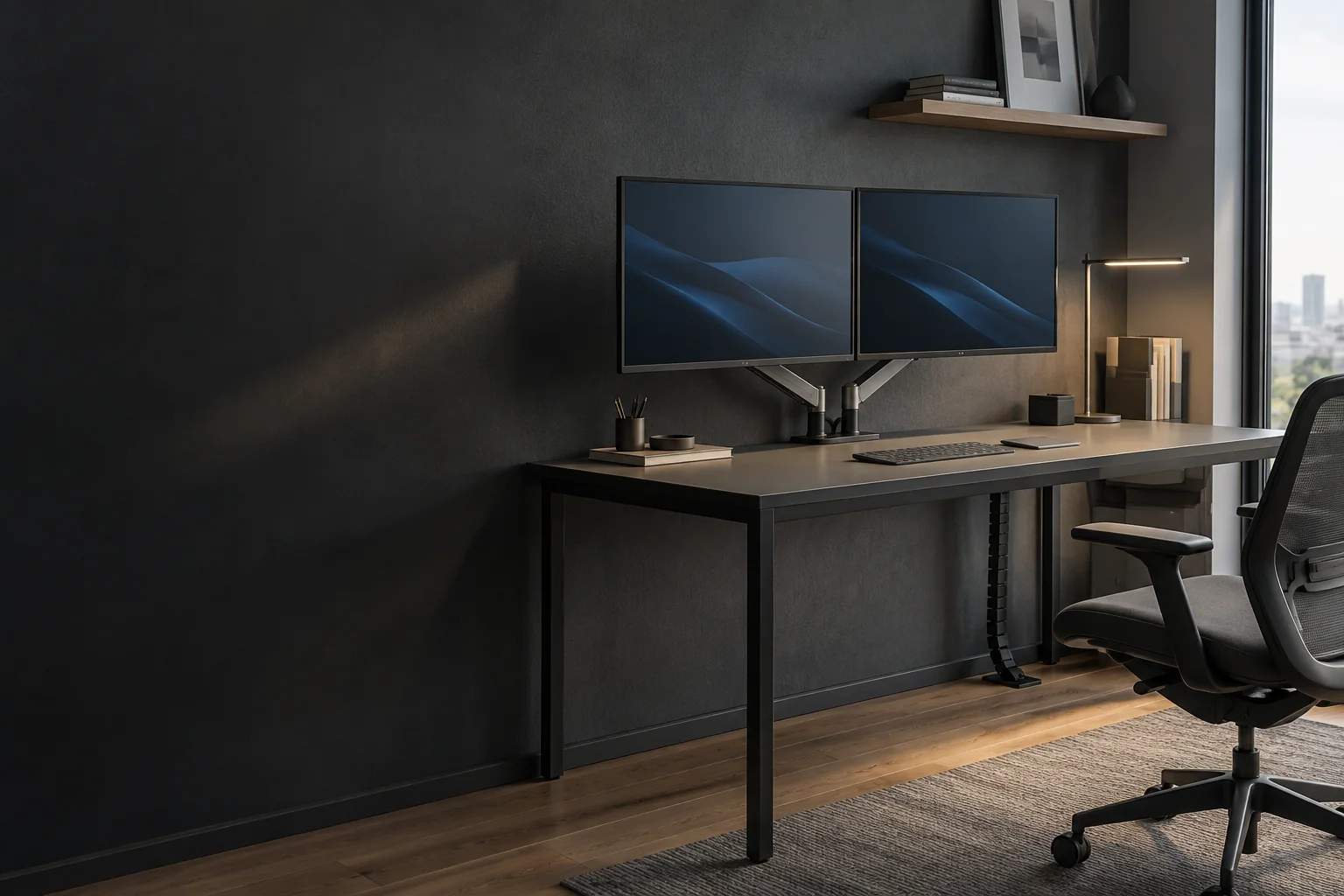 Ambiente ilustrativo de un setup doméstico en grafito, con doble pantalla, escritorio ordenado y luz lateral